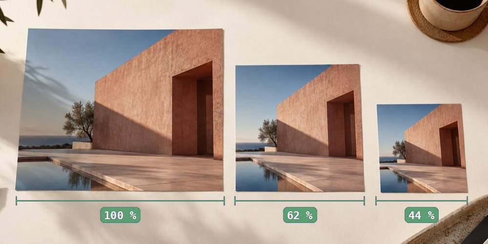 One photograph printed at three sizes, 100, 62 and 44 percent, laid on a desk with a ruler under each